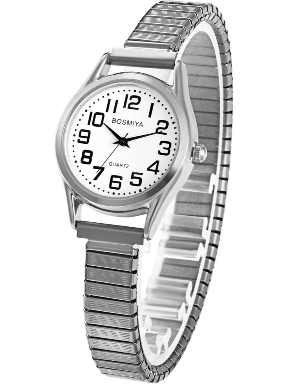 Women Silver Analog Quartz Small Dial Easy Reader Stretch Band Round Wrist Watch